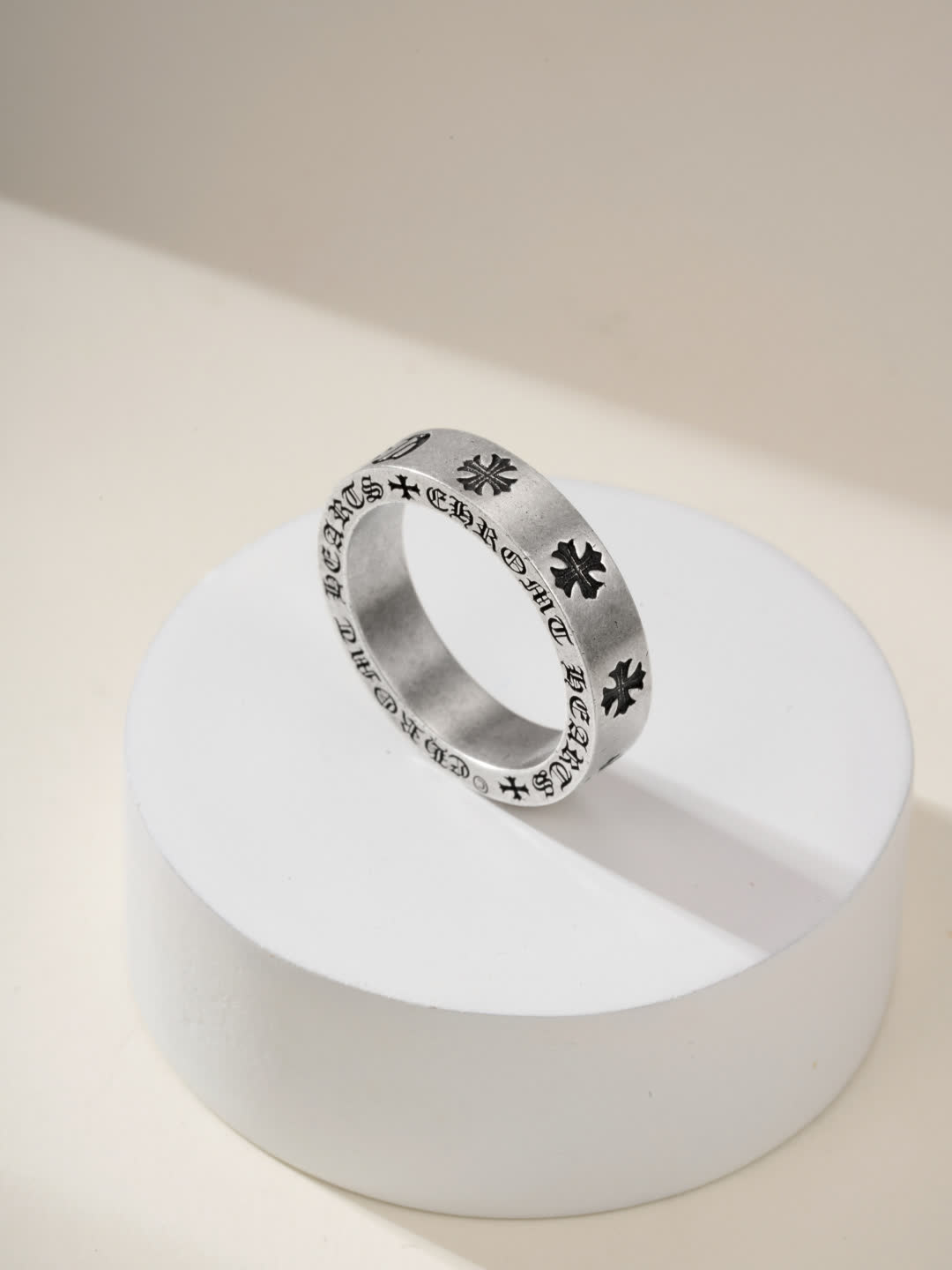 Chrome Hearts Silver Ring with Crosses and Engraving